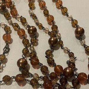 Vintage Long Amber and Bronze Glass Bead Necklace - Unbranded